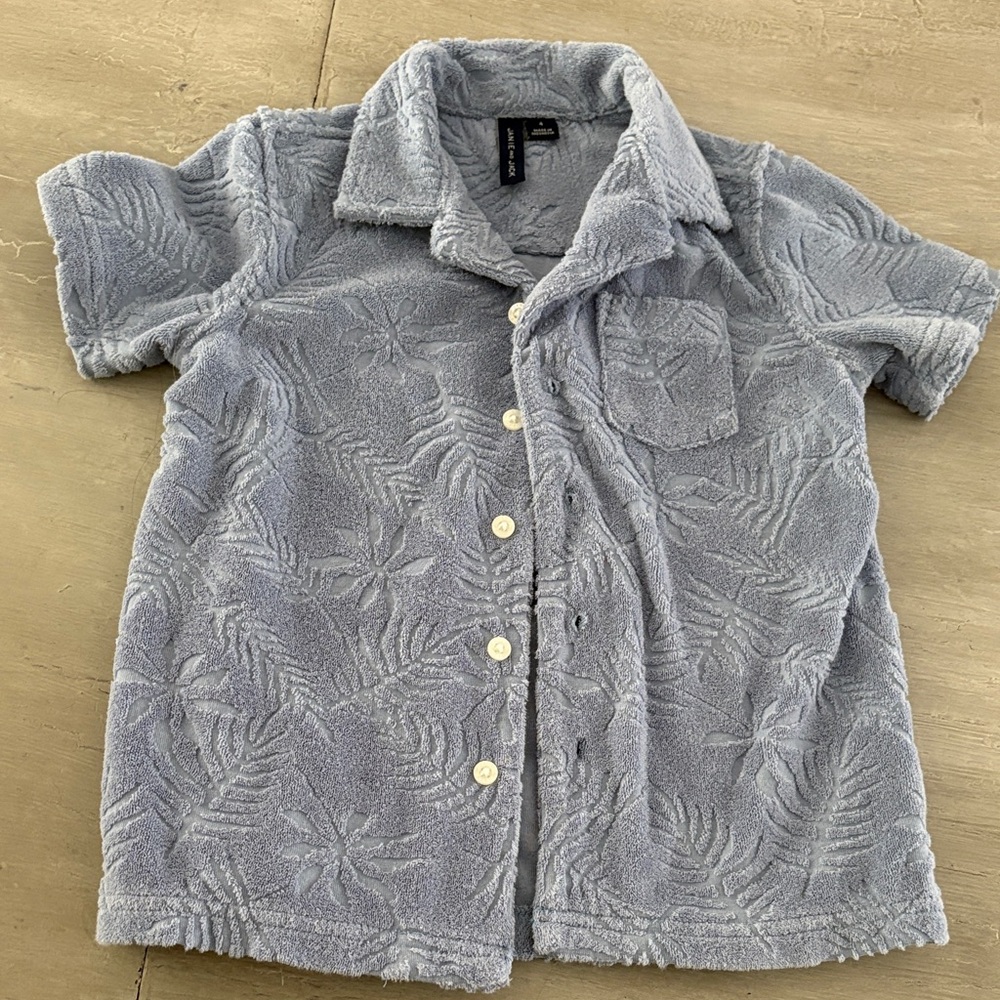Janie and Jack Terry Shorts Set in Light Blue with Floral Leaf Pattern Size 4 - Picture 3 of 7
